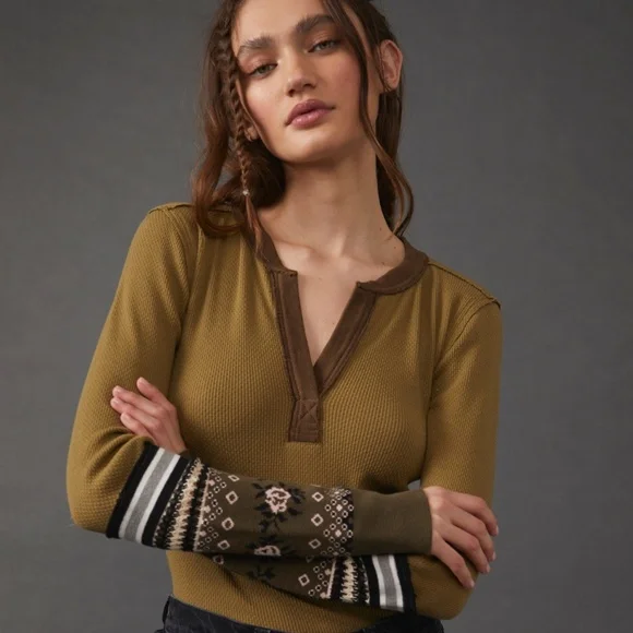 NWT Free People MIKAH LAYERING CUFF ARMY Thermal Long Sleeve Green - Picture 3 of 12